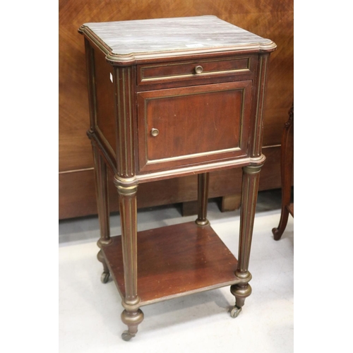 1379 - Antique French Directoire revival marble topped nightstand on castors, approx 85cm H x 42cm W x 39cm... 