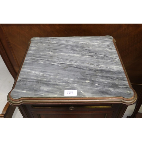 1379 - Antique French Directoire revival marble topped nightstand on castors, approx 85cm H x 42cm W x 39cm... 