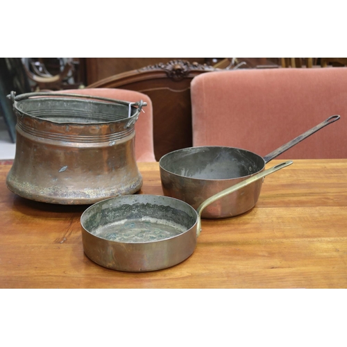 1382 - Two antique French copper saucepans with a swing handled pot, approx 22cm H x 35cm dia (excluding ha... 