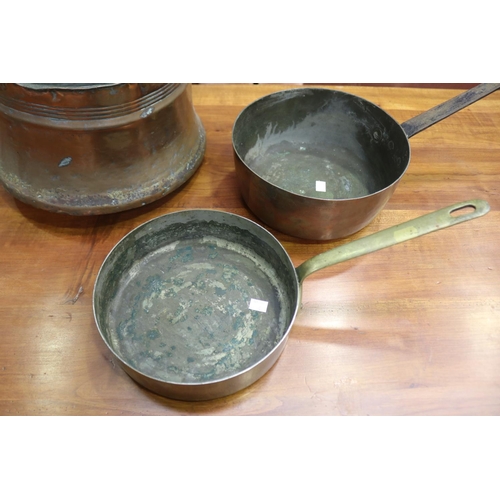 1382 - Two antique French copper saucepans with a swing handled pot, approx 22cm H x 35cm dia (excluding ha... 