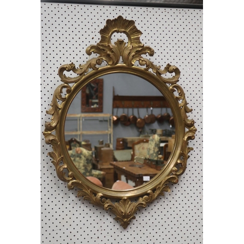 1394 - Vintage French Louis XV style circular wall mirror with pierced crest, approx 80cm H x 60cm W