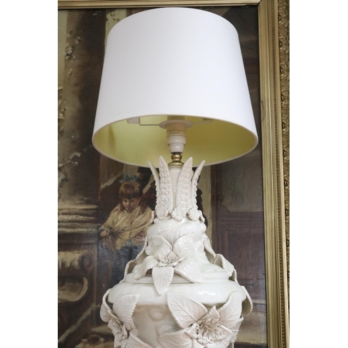 1398 - Vintage Italian cream glaze ceramic large table lamp, with applied large floral decoration on a circ... 