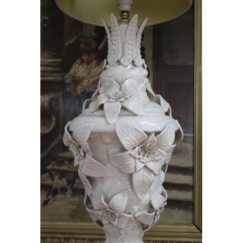 1398 - Vintage Italian cream glaze ceramic large table lamp, with applied large floral decoration on a circ... 
