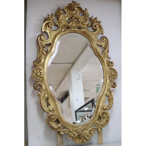 1066 - Antique 19th century French true gilt wood mirror, pierced C scroll & leaf surround, approx 151cm H ... 