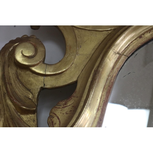 1066 - Antique 19th century French true gilt wood mirror, pierced C scroll & leaf surround, approx 151cm H ... 