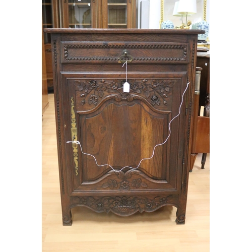 1192 - Antique French Louis XV style carved oak  pedestal cupboard, approx 71cm L x 40.5cm W x 100cm H