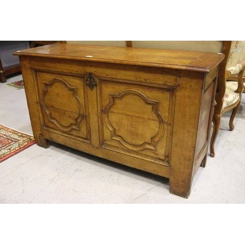 1287 - Antique French fruitwood lift top trunk with carved panel fronts, approx 77cm H x 133cm W x 44cm D