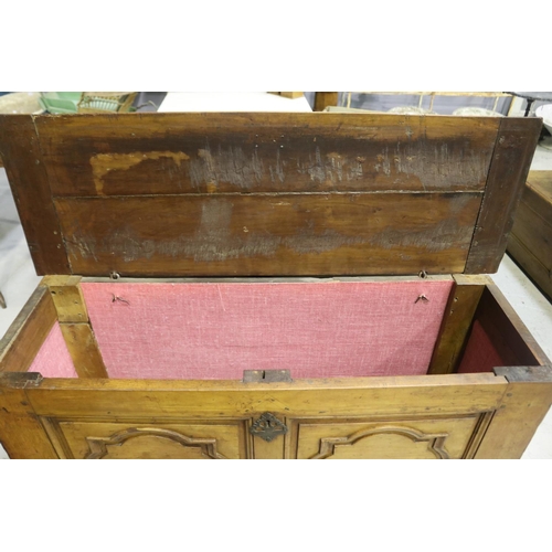 1287 - Antique French fruitwood lift top trunk with carved panel fronts, approx 77cm H x 133cm W x 44cm D