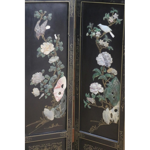 1400 - Decorative Chinese inlaid four fold floor screen, with birds and floral decoration, approx 92cm H x ... 