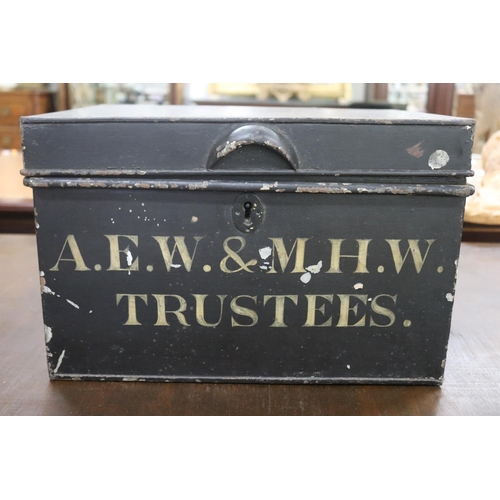 1408 - Painted tin trunk marked A. E. W. & M. H. W. Trustees, approx 28cm H x 43cm W x 32cm D (excluding ha... 