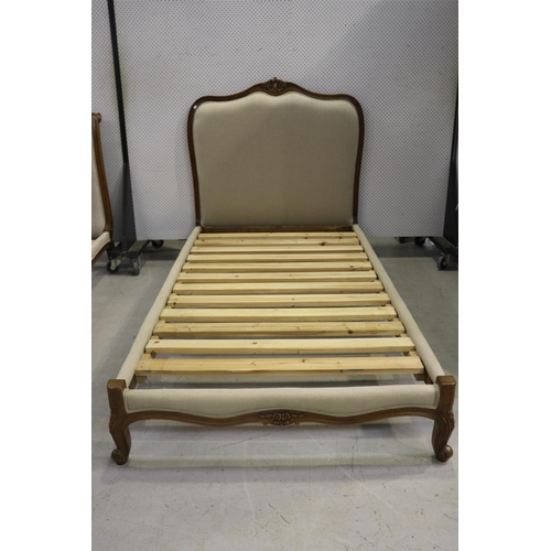 1417 - French Louis XV style king single bed with slats & upholstered ends, approx 130cm H x 224cm L x 120c... 