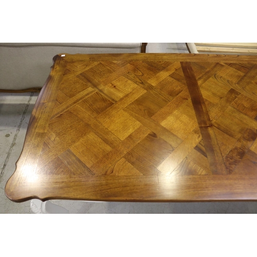 1420 - French parquetry top & painted frame long dining table, approx 76cm H x 249cm W x 99cm D