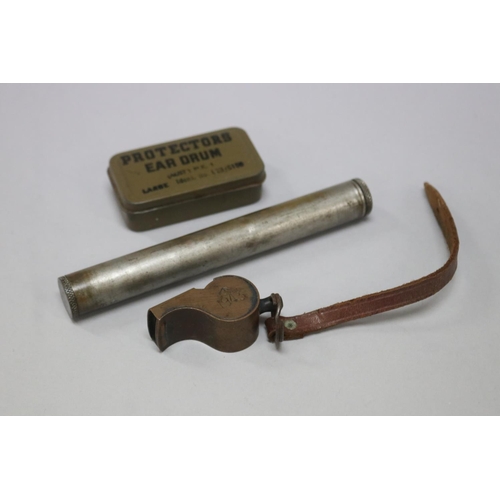75 - Good lot of: i) Australian 1943 dated officer’s brass whistle, ii) Australian Protectors Ear Drum (A... 