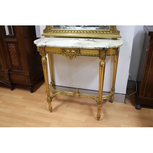 1058 - Antique French Louis XVI style gilt marble topped console and mirror, mirror approx 175cm H x 91cm W... 