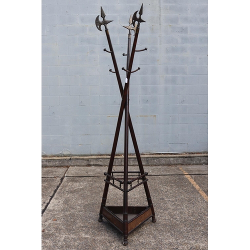 1073 - Antique French arts & crafts halberd & faux bamboo coat rack, approx 218cm H x 64cm D