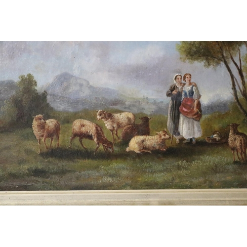 1076 - French School, Sheppard's with sheep, oil on board, unsigned, approx 26cm x 48cm