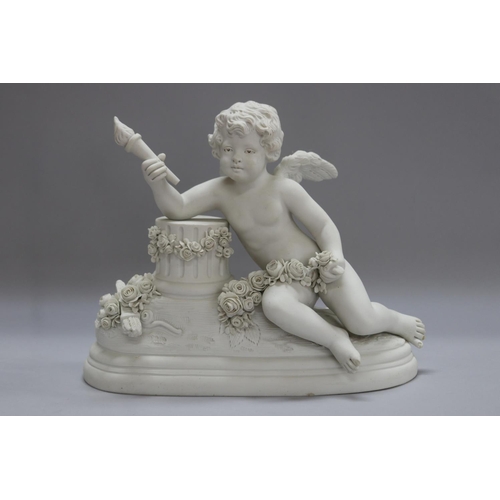 1152 - F. KESSLER (1792-1882) bisque porcelain figure of a putto holding torch, against a pedestal, signed ... 