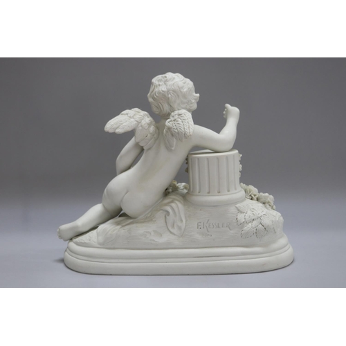 1152 - F. KESSLER (1792-1882) bisque porcelain figure of a putto holding torch, against a pedestal, signed ... 