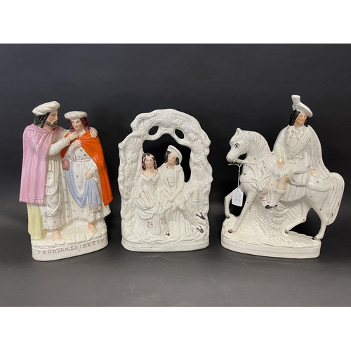 1089 - Three large antique Staffordshire flat back figure groups, approx 37cm H x 27cm W and smaller (3)