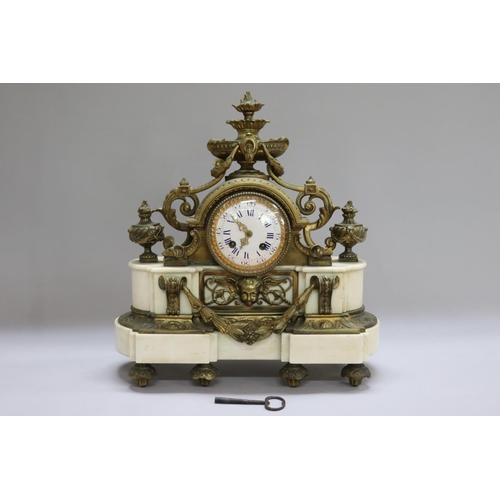 1096 - Antique 19th century French Roblin a Paris bronze & marble mantle clock, has key (in office C144.147... 