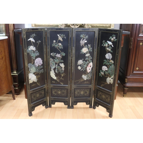 1115 - Decorative Chinese inlaid four fold floor screen, with birds and floral decoration, approx 92cm H x ... 