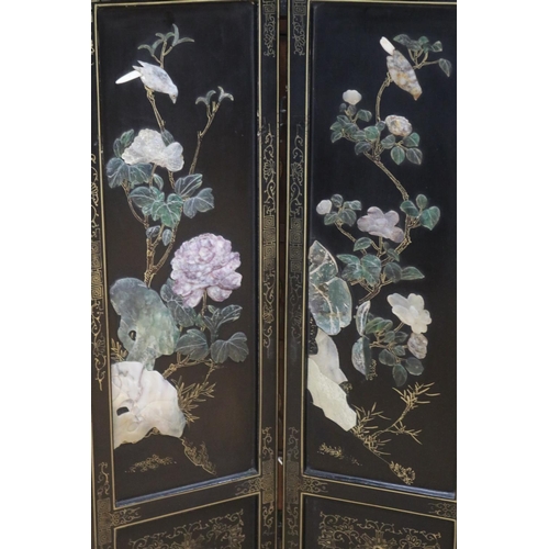1115 - Decorative Chinese inlaid four fold floor screen, with birds and floral decoration, approx 92cm H x ... 
