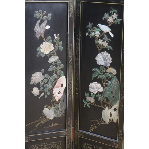 1115 - Decorative Chinese inlaid four fold floor screen, with birds and floral decoration, approx 92cm H x ... 