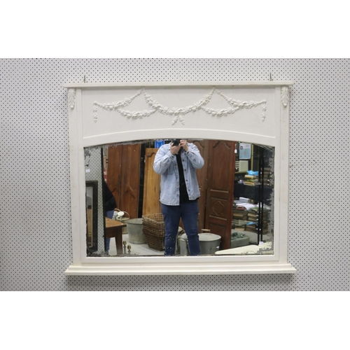 1132 - French mantle mirror with white painted frame, applied swags of flowers, approx 111cm H x 131cm W