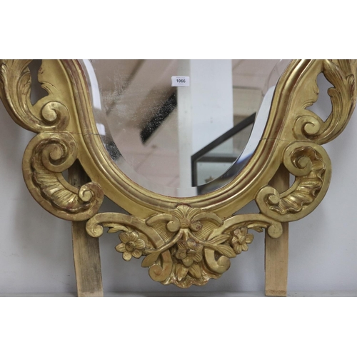 1141 - Antique 19th century French true gilt wood mirror, pierced C scroll & leaf surround, approx 151cm H ... 