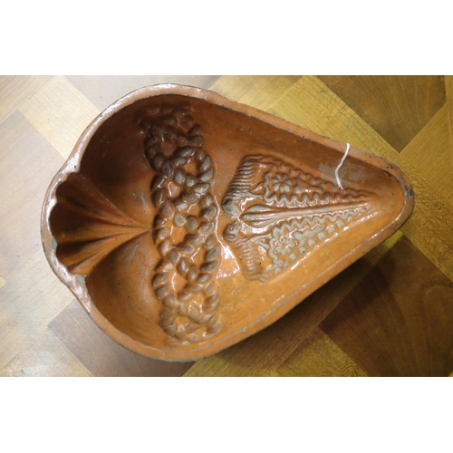 1082 - Interesting antique French glazed inner mould, three peg feet, approx 8cm H x 31cm L x 23cm W