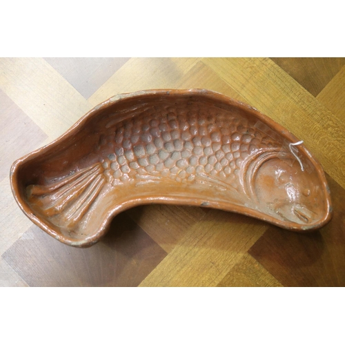 1083 - Antique French pottery, glazed inner fish mould, approx 7.5cm H x 32cm L x 16cm w