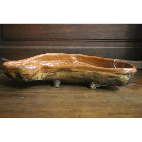 1083 - Antique French pottery, glazed inner fish mould, approx 7.5cm H x 32cm L x 16cm w