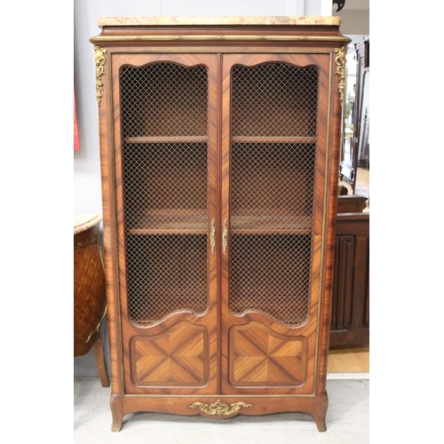 1090 - Fine antique 19th century French walnut marble topped two door bookcase, fitted with lattice brass d... 