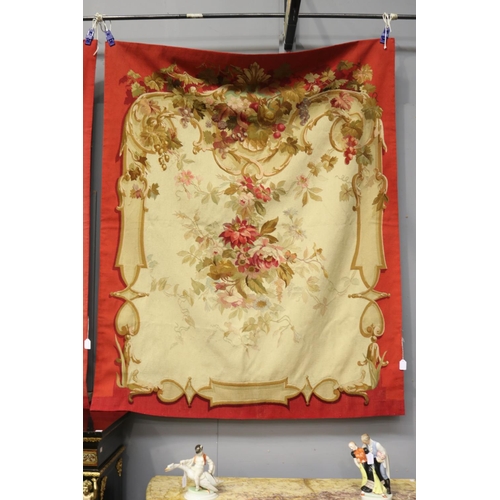 1098 - French late 19th century Aubusson tapestry wall hangings, all of red ground with floral arrangement ... 