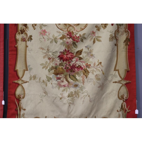 1098 - French late 19th century Aubusson tapestry wall hangings, all of red ground with floral arrangement ... 