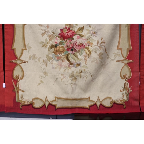 1099 - French late 19th century Aubusson tapestry wall hangings, all of red ground with floral arrangement ... 