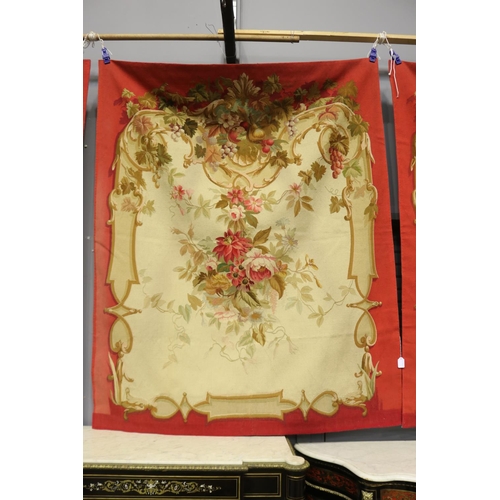 1100 - French late 19th century Aubusson tapestry wall hangings, all of red ground with floral arrangement ... 