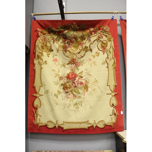 1101 - French late 19th century Aubusson tapestry wall hangings, all of red ground with floral arrangement ... 