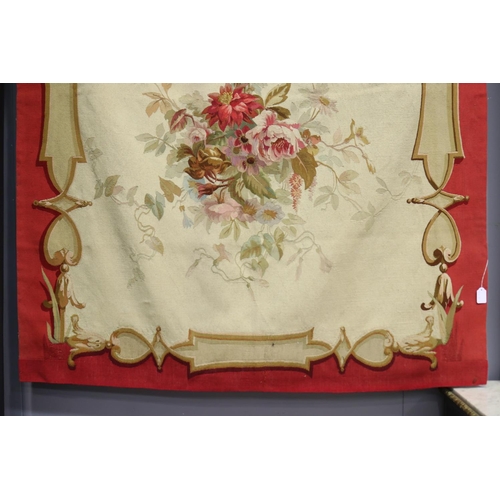 1101 - French late 19th century Aubusson tapestry wall hangings, all of red ground with floral arrangement ... 
