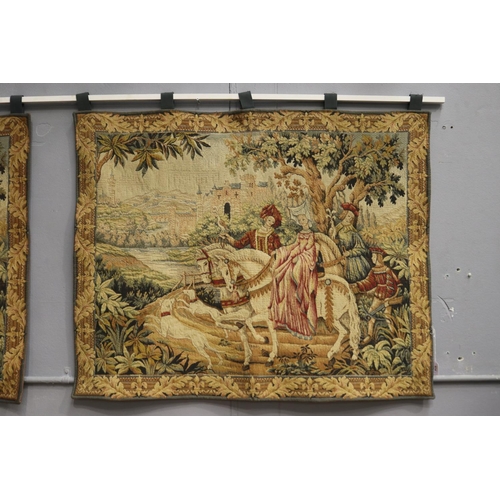 1117 - Pair of The Royal Hunt Tapestries by Marc Waymel, label verso, each approx 92cm x 115cm (2)