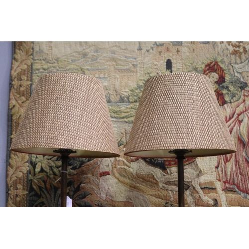 1118 - Pair of brass pineapple based column lamps, with woven fiber shades to match, in working condition a... 
