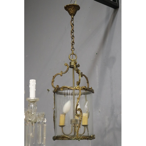 1121 - French brass and glass three light hall lantern, approx 48cm H x 22cm Dia (excluding chain)