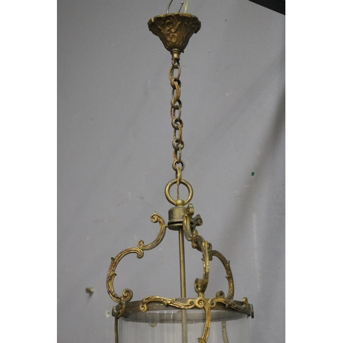 1121 - French brass and glass three light hall lantern, approx 48cm H x 22cm Dia (excluding chain)