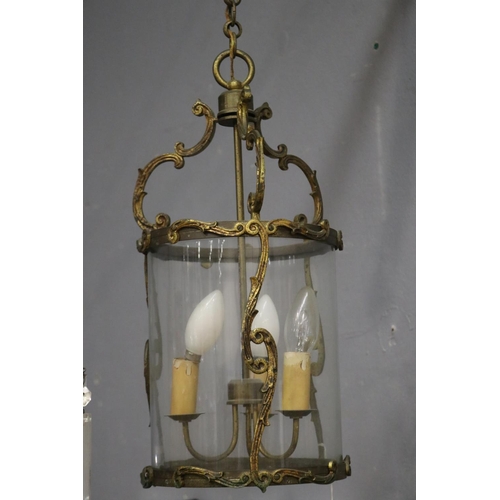 1121 - French brass and glass three light hall lantern, approx 48cm H x 22cm Dia (excluding chain)