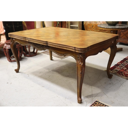 1124 - French Louis XV style drawer leaf table, approx 76cm H x 160cm  x 105cm W (closed) and 276cm L (open... 