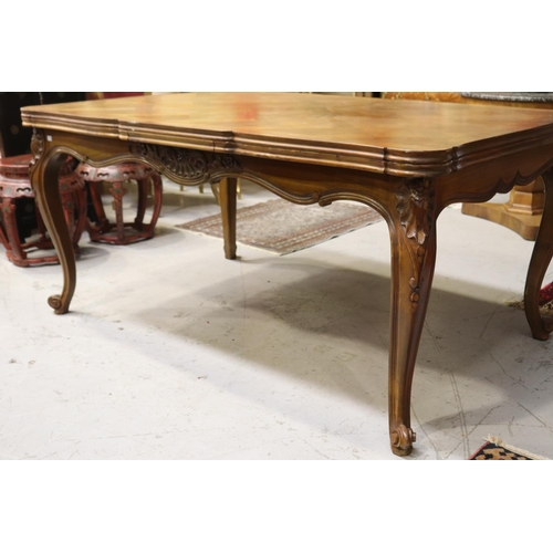 1124 - French Louis XV style drawer leaf table, approx 76cm H x 160cm  x 105cm W (closed) and 276cm L (open... 