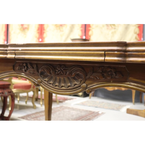 1124 - French Louis XV style drawer leaf table, approx 76cm H x 160cm  x 105cm W (closed) and 276cm L (open... 