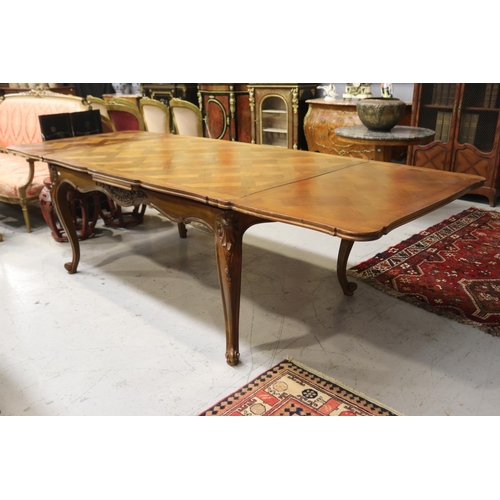 1124 - French Louis XV style drawer leaf table, approx 76cm H x 160cm  x 105cm W (closed) and 276cm L (open... 