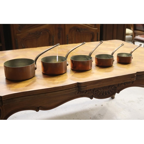 1126 - Set of five graduating French copper saucepans, iron handles, approx 9.5cm H x 20cm Dia and smaller ... 