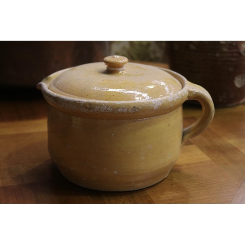 1127 - Antique French mustard glazed pottery single handled lidded pot, approx 17cm H x 21cm Dia (excluding... 